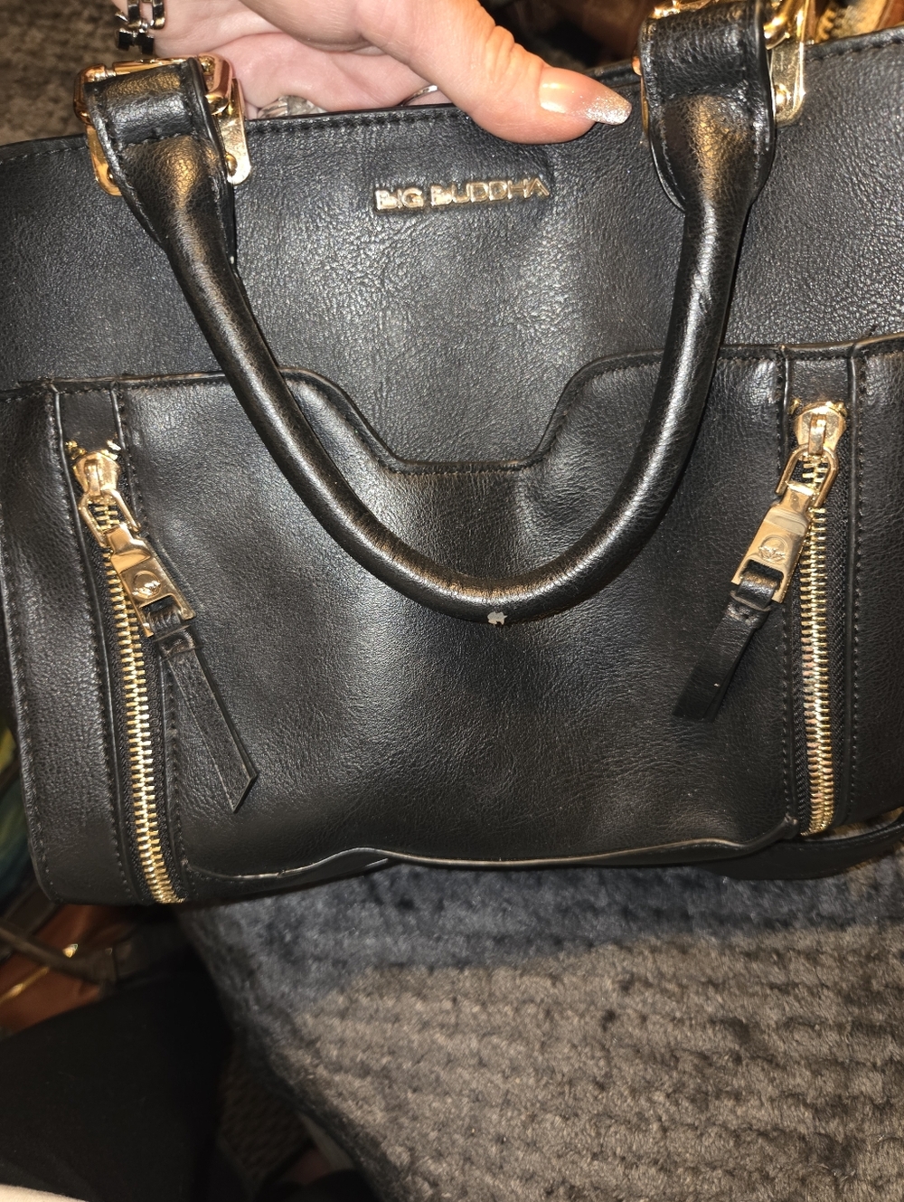 Big Buddha Black Satchel with Gold Hardware and Dual Zip Accents